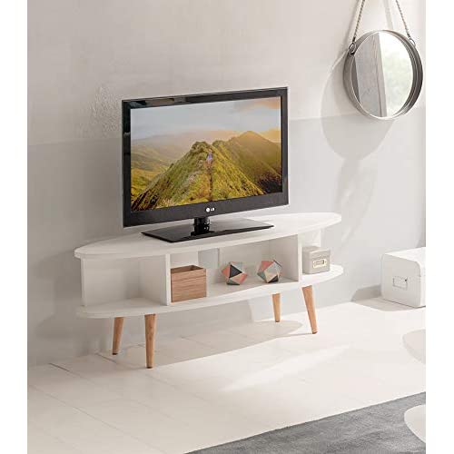 Hogar24-Mesa televisión, Mueble TV salón diseño Vintage con estantes Acabado Madera DM Lacado Blanco y Patas Madera Maciza Natural. Medidas: 120 x 40 x 49 cm.