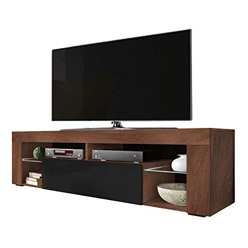 Selsey BIANKO - Mueble TV Moderno/Mesa TV/Mueble para Salón / 140 cm (sin LED, Nogal/Negro Brillante)