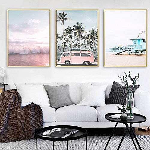 guohao Pink Bus Ocean Beach Seascape Cartel e impresión Estilo nórdico Lienzo Arte de la Pared Imagen Palmera Vida Paisaje Pintura-40X60Cmx3 Sin Marco